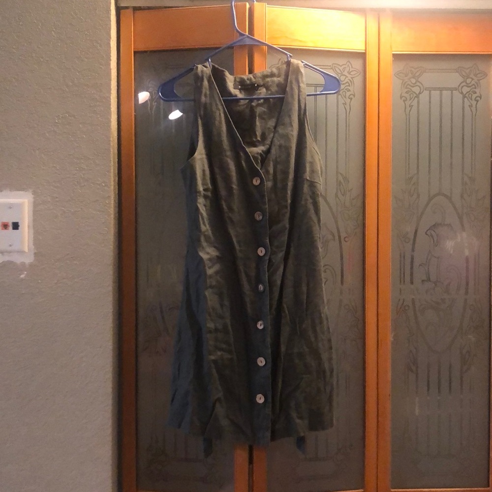 A olive button down short linen dress